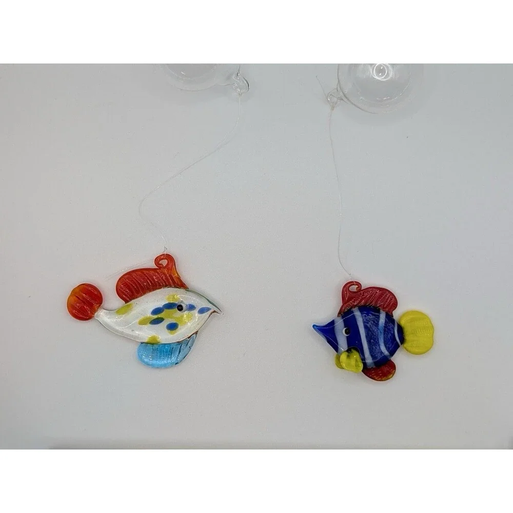 Lot of 2 LS Arts Blown Glass Floating Fish w Bubble Tropical Tank Aquarium Decor